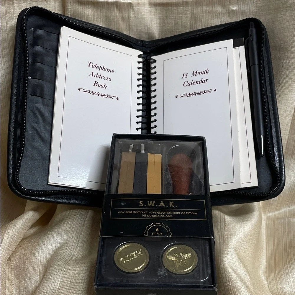 Leather Look Black Home Office Planner with 18-Month Calendar & Wax Seal Kit